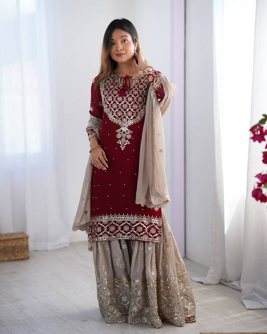 Teeya Creation Red Color Faux Georgette Embroidery Work Fully Stitched Salwar Suit