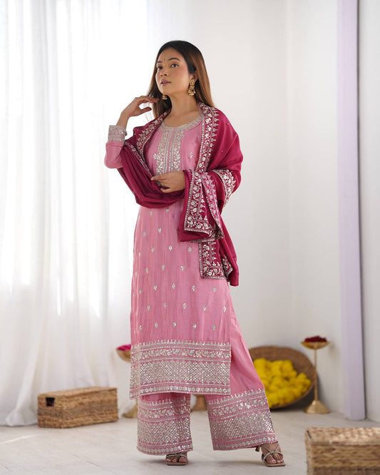 Teeya Creation Baby Pink Color Chinnon Silk Embroidery Work Fully Stitched Salwar Suit