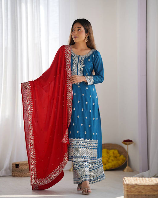 Teeya Creation Blue Color Chinnon Silk Embroidery Work Fully Stitched Salwar Suit