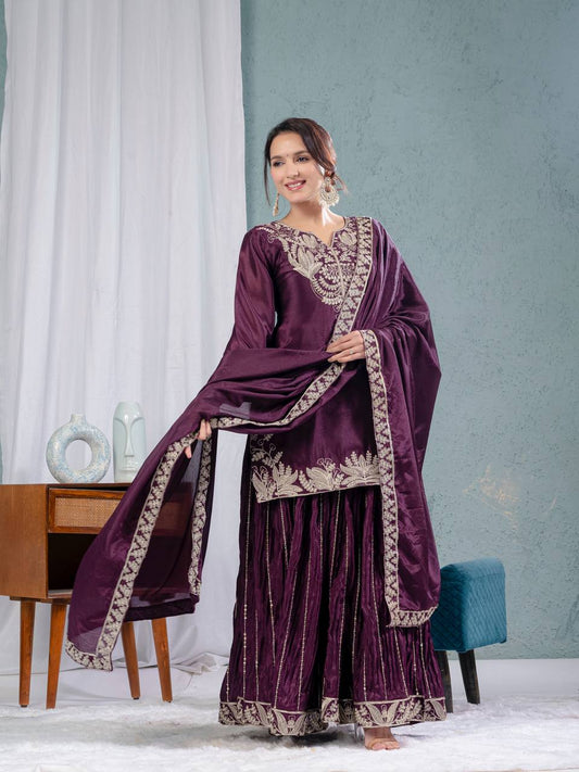Teeya Creation Violet Color Chinnon Silk Embroidery Work Fully Stitched Salwar Suit