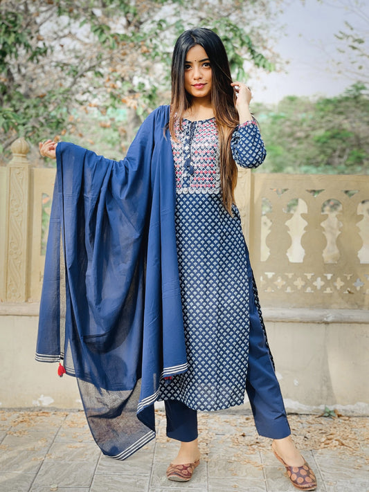 Kaajh Women's Blue Embellished Cotton Suit Set