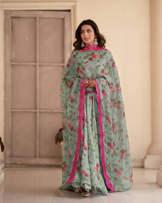 Teeya Creation Multicolor Chinon Silk Digital Print With Sequence Work Anarkali With Pants And Dupatta