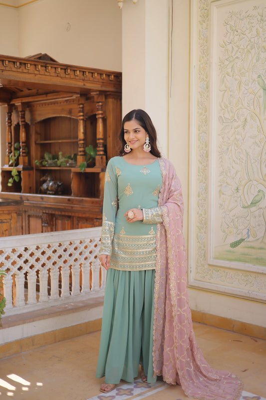 Teeya Creation Turquoise Color Faux Georgette Heavy Embroidery Work Fully Stitched Plazo pair