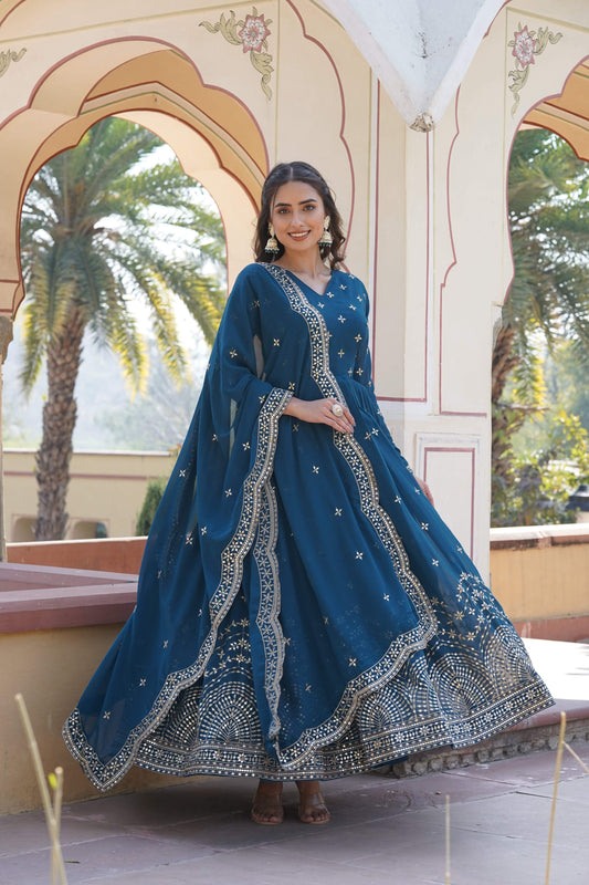 Teeya Creation Teal Color Faux Georgette Party Wear Heavy Embroidery Work Fully Stitched Gown
