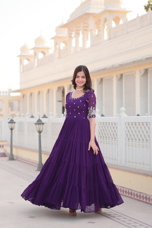 Teeya Creation Purple Color Faux Georgette Embroidery Sequence Work Fully Stitched Gown