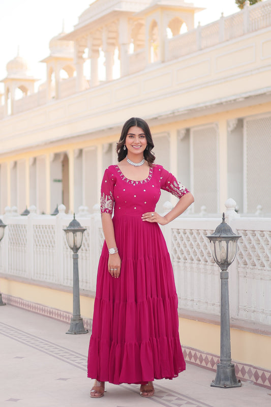 Teeya Creation Pink Color Faux Georgette Embroidery Sequence Work Fully Stitched Gown