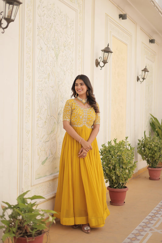 Teeya Creation Yellow Color Faux Georgette Embroidery Sequence Work Fully Stitched Gown
