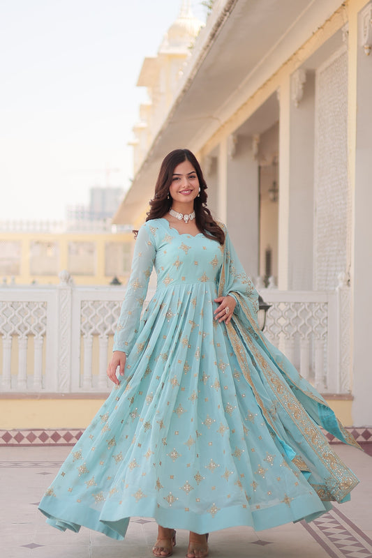Teeya Creation Sky Color Faux Georgette Beautiful Embroidery Work Fully Stitched Gown