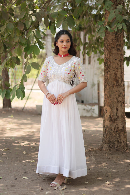 Teeya Creation White Color Faux Georgette Embroidery Work Fully Stitched Kurti