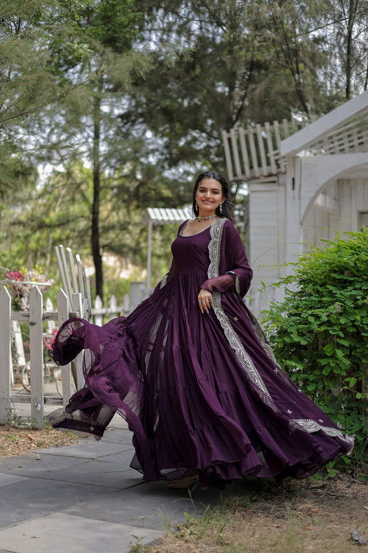 Teeya Creation Wine Color Faux Georgette Heavy Embroidery Work Dupatta Fully Stitched Gown