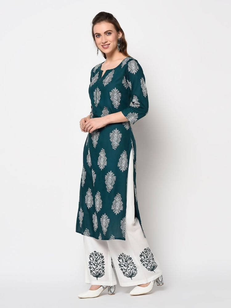 Yufta Teal Block Print Kurta with palazzo and Dupatta Set