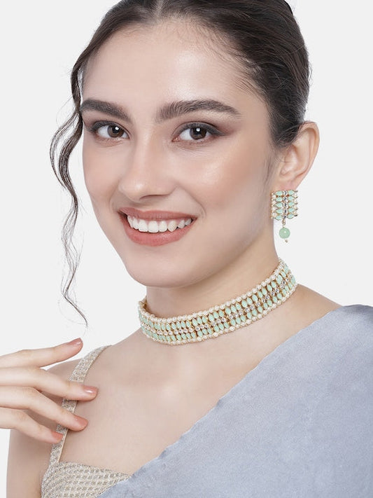 Gold-Polished Traditional Kundan Pearl Choker Necklace Jewellery Set For Women And Girls - Wahe Jewels | Grab2Buy