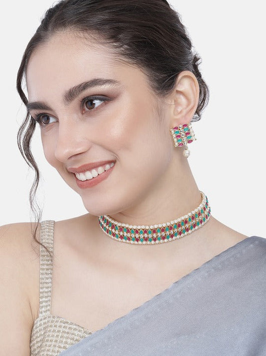 Gold-Polished Traditional Peach Pearl & Kundan Studded Choker Necklace Jewellery Set For Women/Girls - Wahe Jewels | Grab2Buy