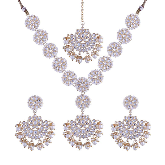 Gold-Polished Traditional Pearl Kundan Studded Jewellery Necklace Set with Maang Tikka for Women - Wahe Jewels Noz2Toz