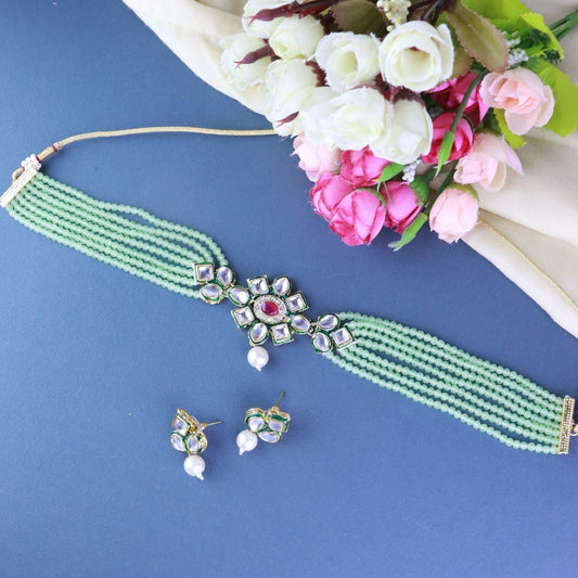 Gold-Polished Traditional Choker Set Glided With Kundan & Beads For Women/Girls - Wahe Jewels Noz2Toz