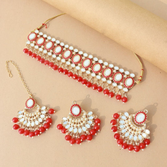 Gold-Polished Traditional Handcrafted Mirror And Pearl Work Choker Necklace Jewellery With Chandbali Earrings & Maang Tikka Set For Women & Girls - Wahe Jewels | Grab2Buy