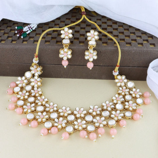Gold-Polished Traditional Kundan Studded Bridal Choker Necklace & Drop Earrings Jewellery Set For Women/Girls - Wahe Jewels | Grab2Buy