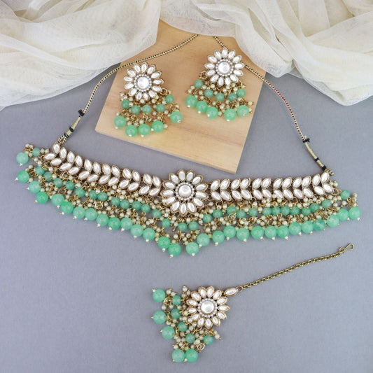Gold-Polished Traditional Kundan Studded Mint Pearl Hanging Choker Necklace Jewellery Set With Earrings & Maang Tikka For Women & Girls - Wahe Jewels | Grab2Buy