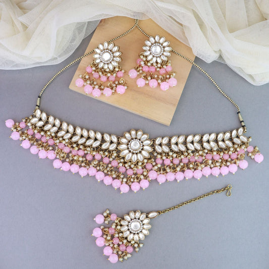 Gold-Polished Traditional Kundan Studded Pink Pearl Hanging Choker Necklace Jewellery Set With Earrings & Maang Tikka For Women & Girls - Wahe Jewels | Grab2Buy