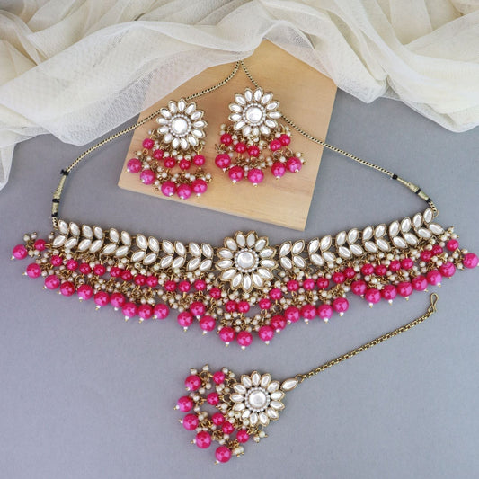 Gold-Polished Traditional Kundan Studded Pearl Hanging Choker Necklace Jewellery Set With Earrings & Maang Tikka For Women & Girls - Wahe Jewels | Grab2Buy
