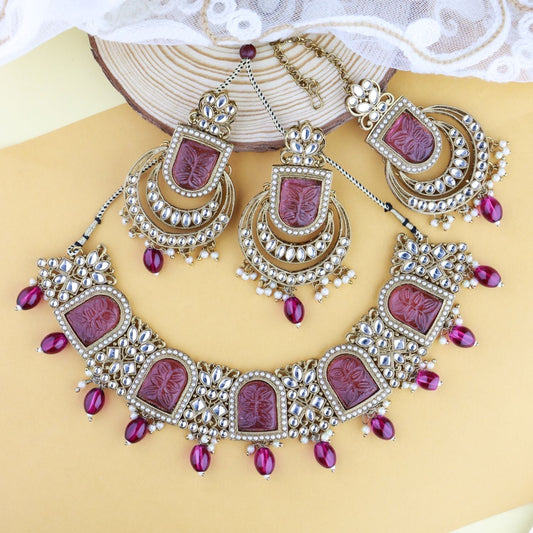 Gold-Polished Traditional Kundan Pearl Choker Necklace Jewellery Set For Women/Girls - Wahe Jewels | Grab2Buy