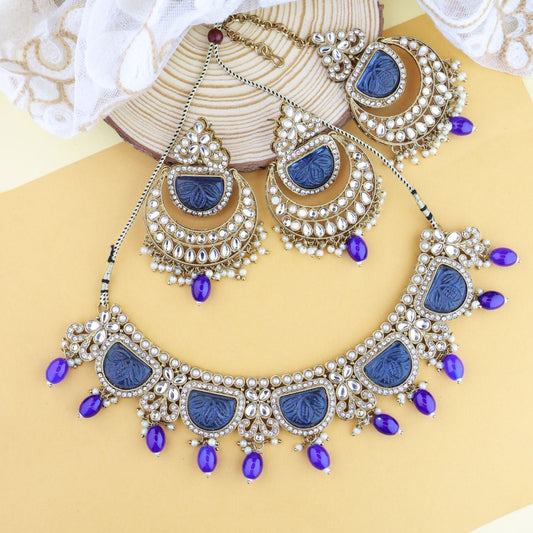 Gold-Polished Traditional Pearl Kundan & Stone Studded Jewellery Necklace Set with Maang Tikka for Women - Wahe Jewels | Grab2Buy