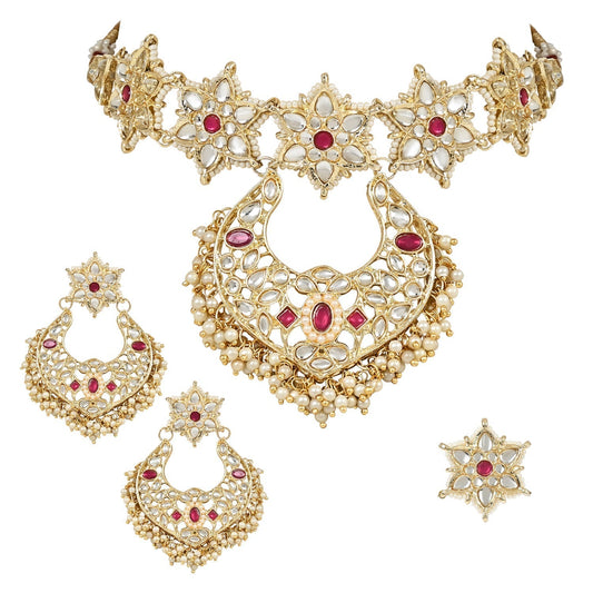 Gold-Polished Traditional Handcrafted Stone Studded Pearl Choker Necklace Jewellery Set With Earrings & Finger ring For Women And Girls - Wahe Jewels | Grab2Buy