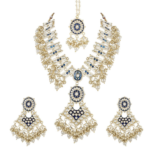 Gold-Polished Traditional Pearl Kundan Studded Meenakari Necklace With Earring Maang Tikka Set For Women And Girls - Wahe Jewels | Grab2Buy