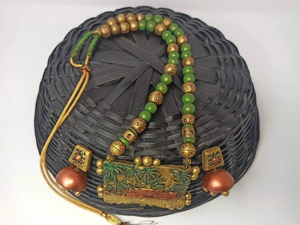 Terracotta Kerala Style Mansion Boat Pendant Long Necklace Set With Temple Earrings