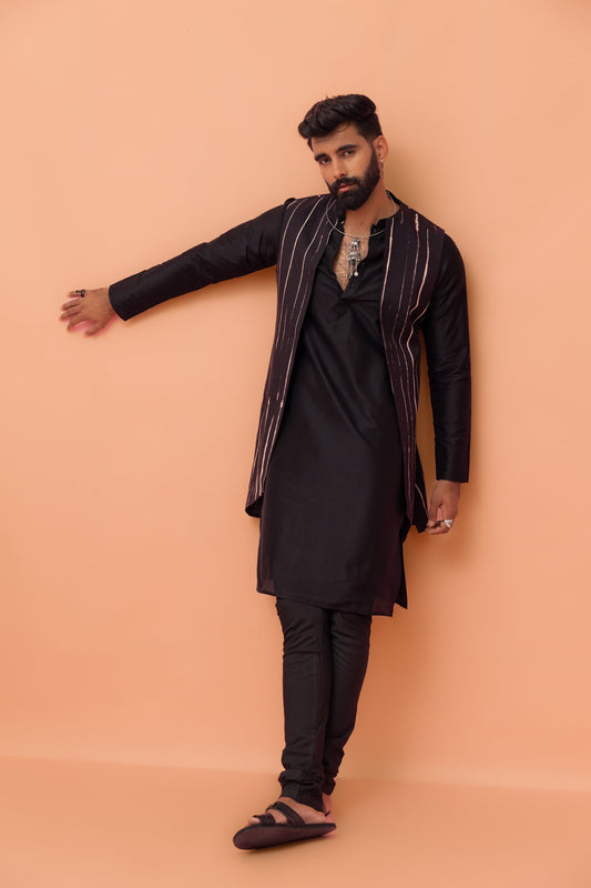 Kisah Men Black Printed Kurta Jacket Churidar Set with Tie & Dye