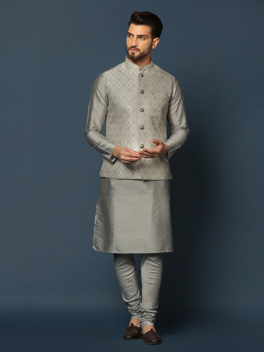 Kisah Men Grey Textured Kurta Jacket Churidar Set