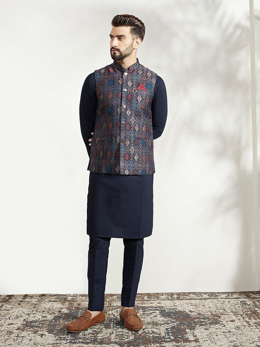 Kisah Men Multi Coloured Textured Kurta Jacket Trouser Set