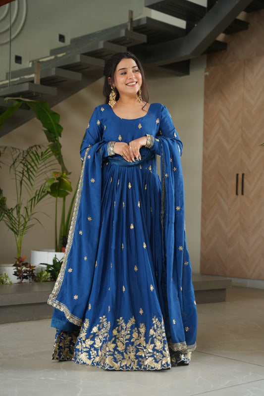 Prazu Fashion Blue Chinon Silk Embroidered Zari Gown With Dupatta
