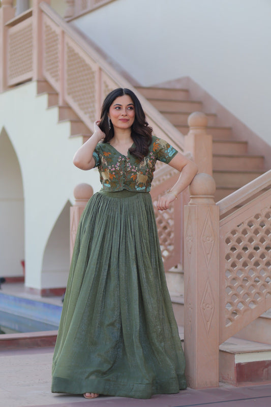 Prazu Fashion Mahendi Silver Crunchy Fabric Embroidered Gown With Koti