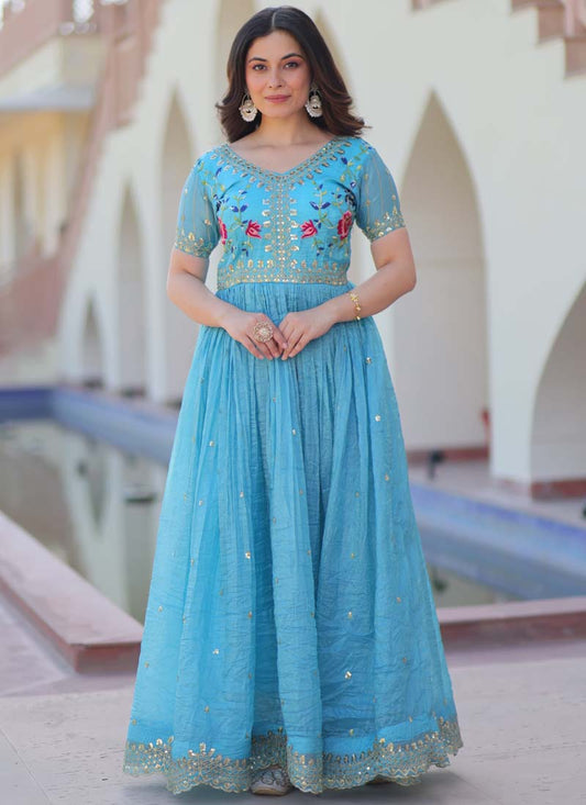 Prazu Fashion Sky Blue Silk Embroidered Designer Gown