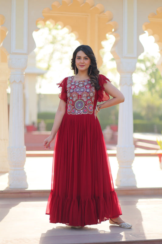 Prazu Fashion Maroon Georgette Beads And Sequins Embroidered Gown