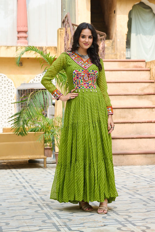 Prazu Fashion Parrot Georgette Leheriya Print Work With Kutchi Patchework Navaratri Gown