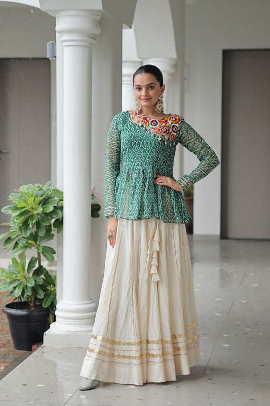 Prazu Fashion Green Bandhani Print Work With Kutchi Gamthi Patchework Navaratri Lehenga