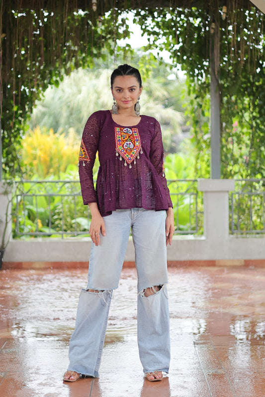 Prazu Fashion Wine Georgette Schiffli Work Kutchi Gamthi Patch Work Navaratri Top