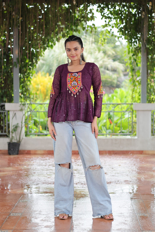 Prazu Fashion Wine Georgette Schiffli Work Kutchi Gamthi Patch Work Navaratri Top