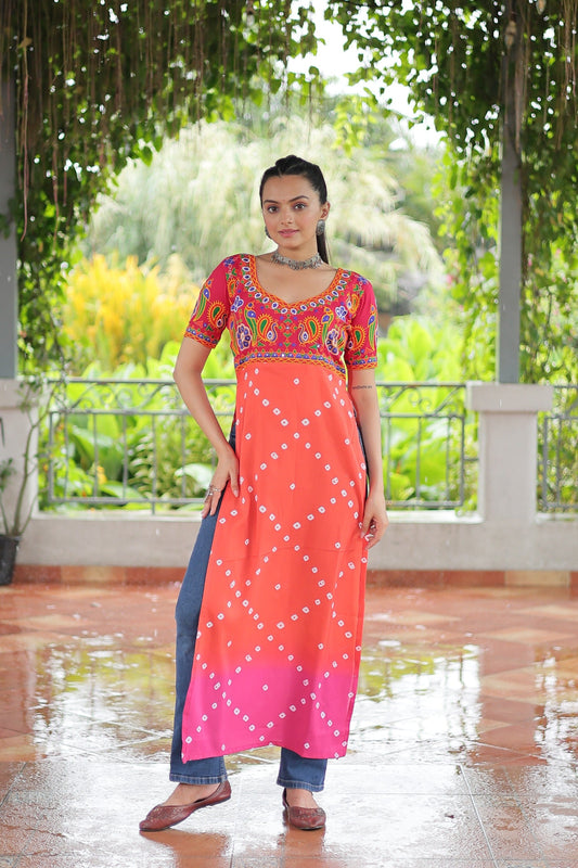 Prazu Fashion Orange Rayon Printed With Kutchi Gamthi Work Navaratri Kurti