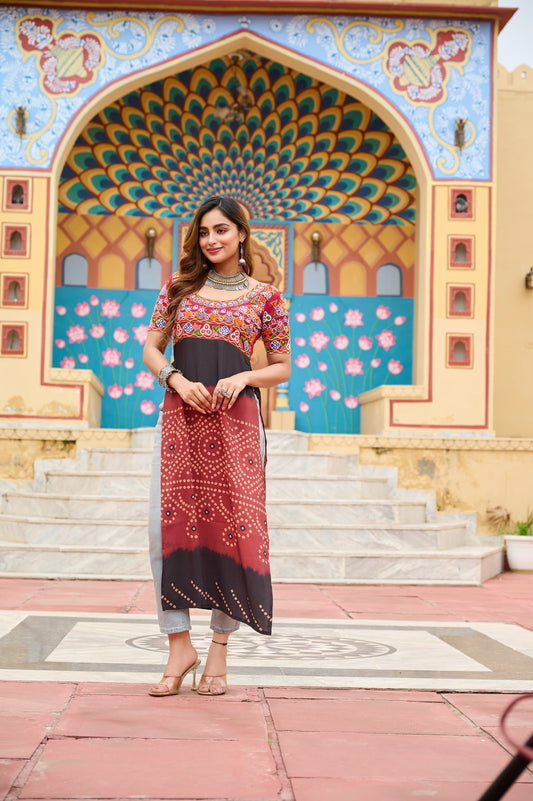 Prazu Fashion Maroon Rayon Printed With Kutchi Gamthi Work Navaratri Kurti
