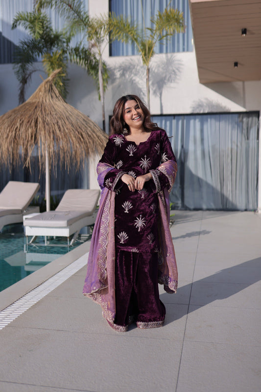 Prazu Fashion Wine Velvet Rich Zari Embroidered Work Palazzo Suit