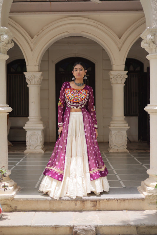 Prazu Fashion Wine Georgette Bandhani Print With Kutchi Patchwork Navratri Lehenga Kurti