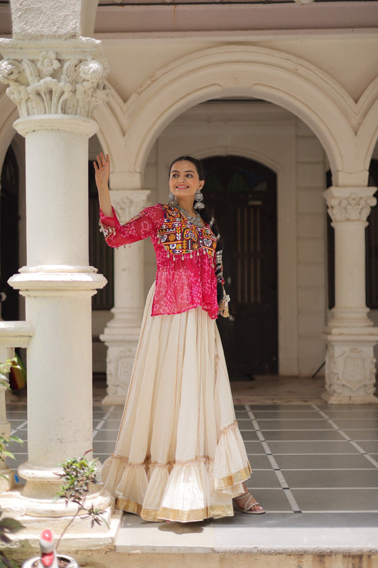 Prazu Fashion Pink Georgette Bandhani Print With Kutchi Gamthi Navratri Lehenga