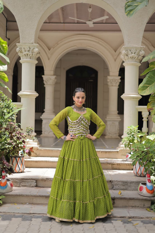 Prazu Fashion Mehendi Georgette Leheriya Print Work With Mirror Lace Navratri Lehenga