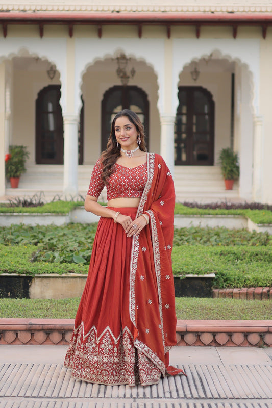 Prazu Fashion Dark Red Vichitra Silk With Heavy Sequins & Thread Lehenga Choli