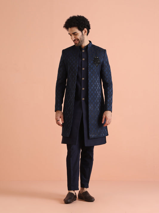 Kisah Men's Navy Blue Ethnic Motifs Long Jacket with Indo-Western Trouser Set