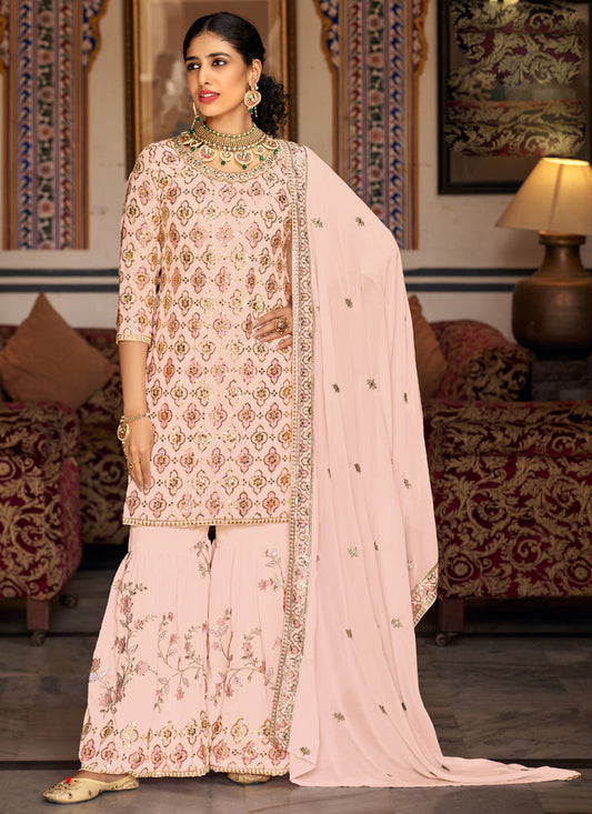 Vegaa Fashion Light Peach Georgette Ebroidered Designer Sharara Suit Grab2Buy Vegaa Fashion Grab2Buy