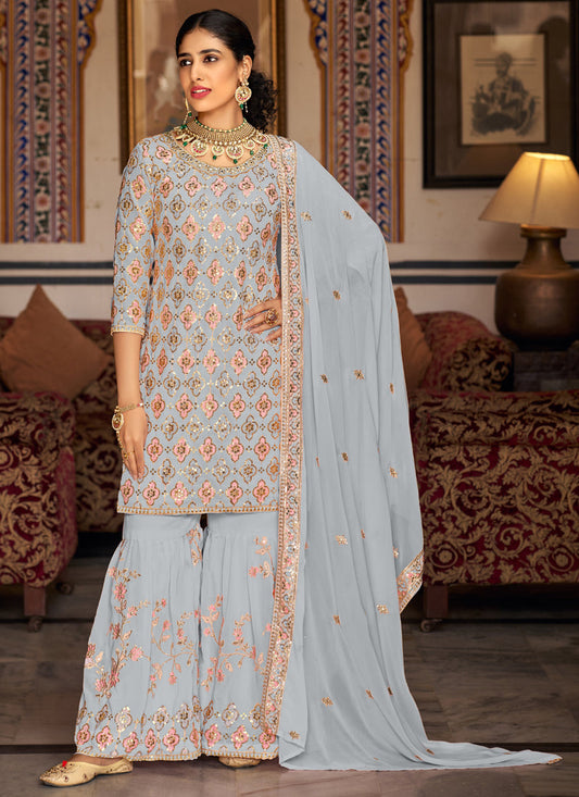 Vegaa Fashion Light Grey Georgette Ebroidered Designer Sharara Suit Grab2Buy Vegaa Fashion Grab2Buy